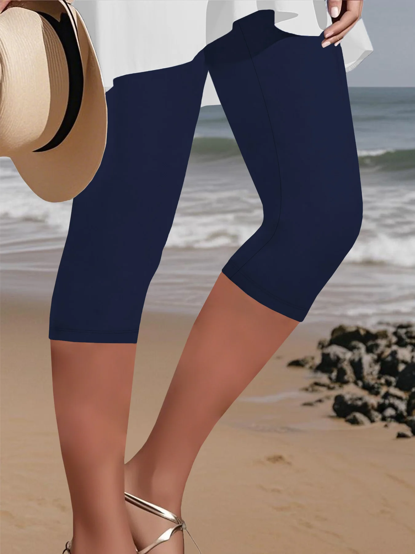 Damskie legginsy 3/4 plus size do jogi i fitnessu Granatowy
