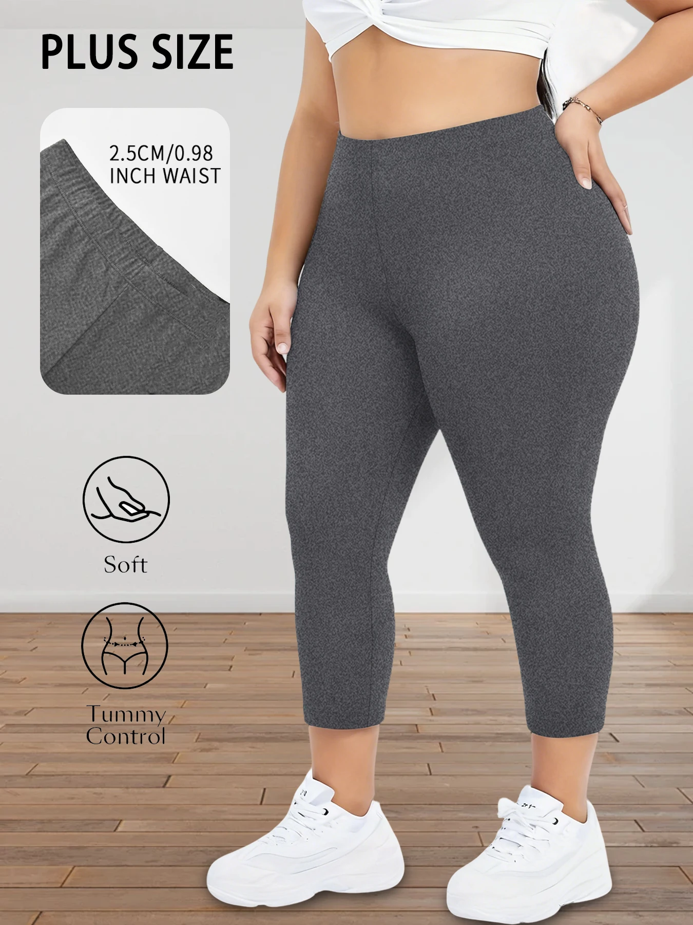 Damskie legginsy 3/4 plus size do jogi i fitnessu Szary