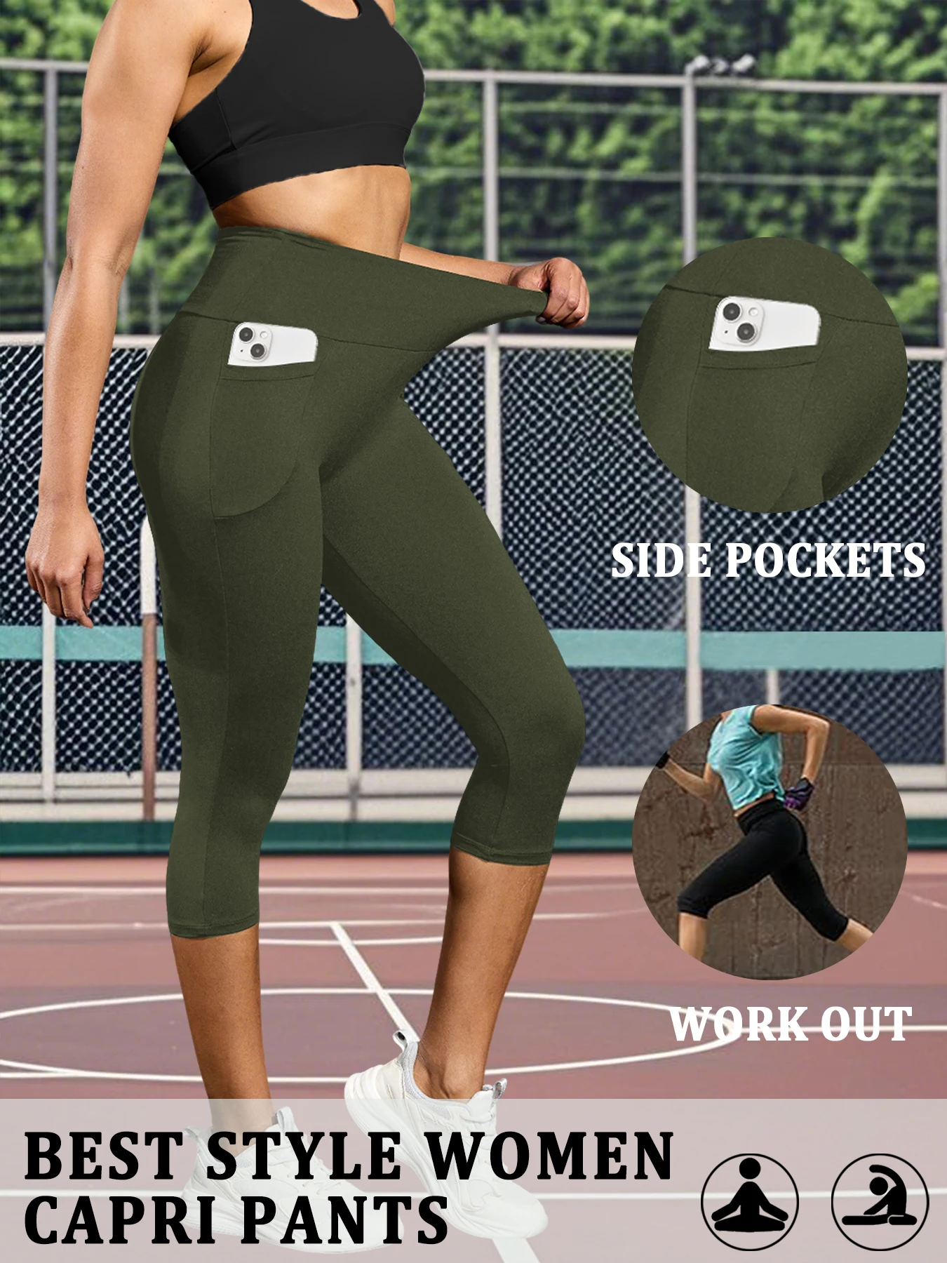 Damskie legginsy capri z kieszeniami modelujące brzuch 13