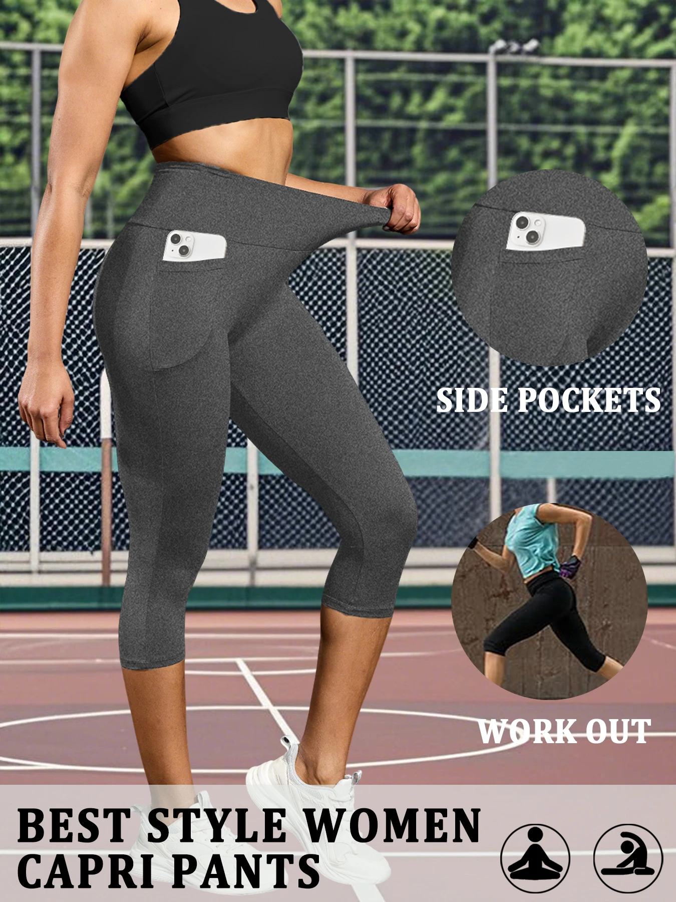 Damskie legginsy capri z kieszeniami modelujące brzuch 2