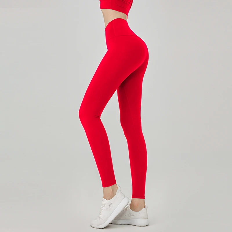 Damskie legginsy do jogi z wysokim stanem, bezuciskowe Czerwony