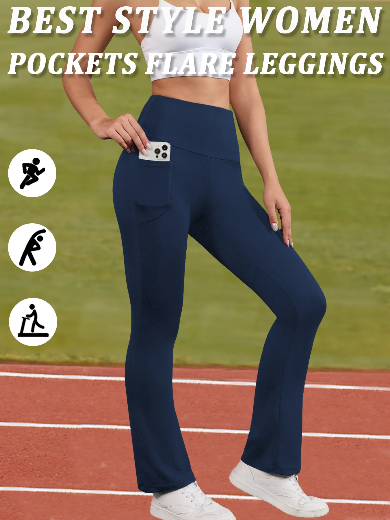 Damskie legginsy dzwony z kieszeniami i wysokim stanem do jogi 9