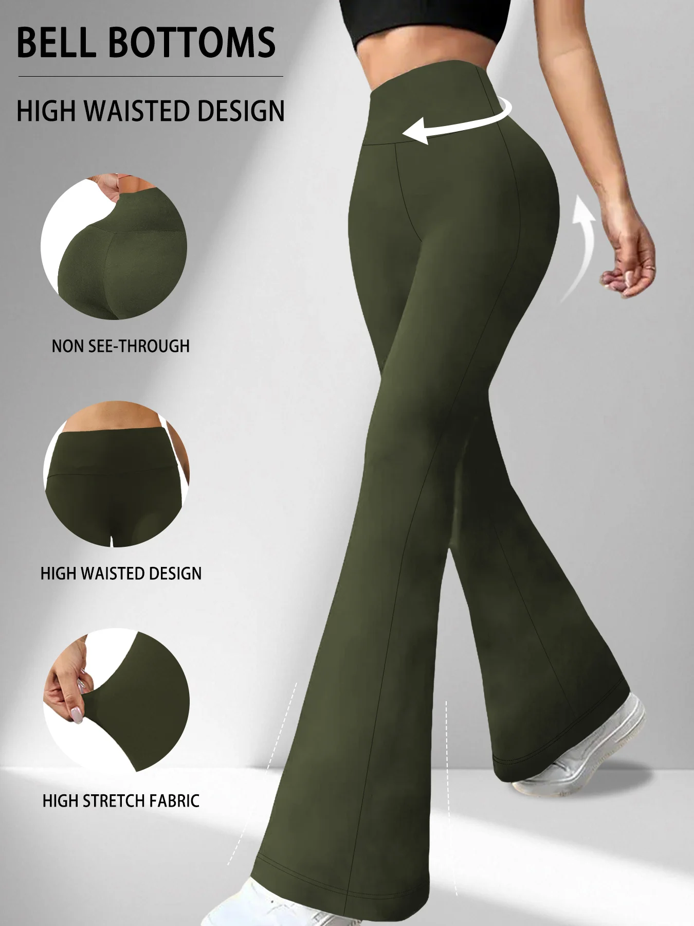 Damskie legginsy dzwony z wysokim stanem do jogi i fitnessu Khaki