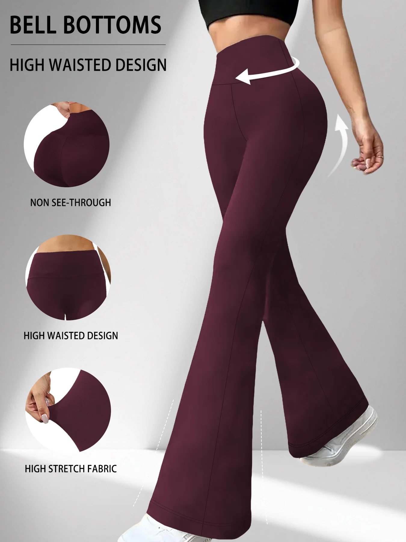 Damskie legginsy dzwony z wysokim stanem do jogi i fitnessu Bordowy