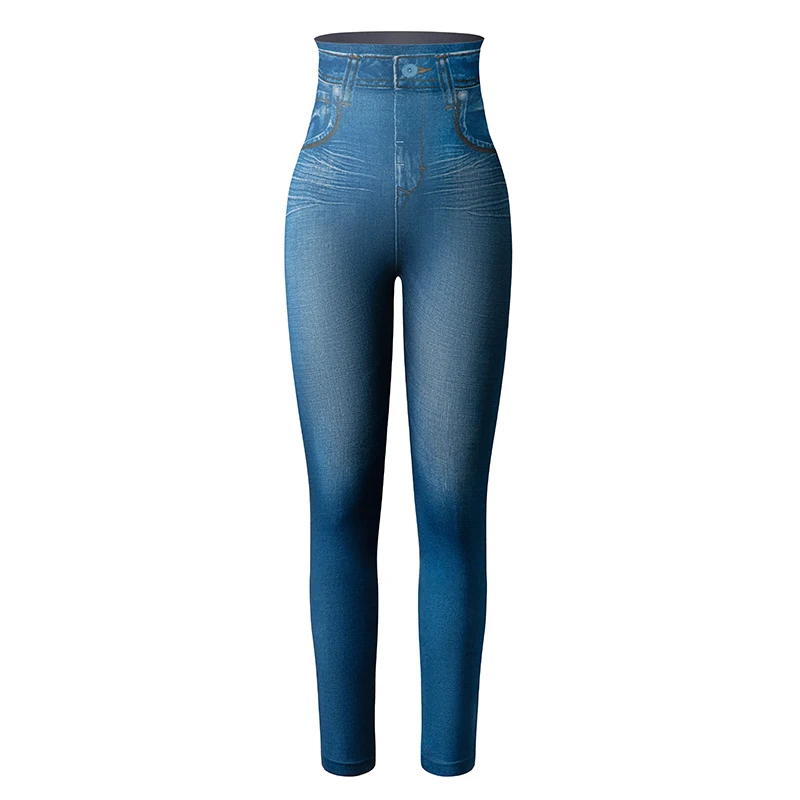 Damskie legginsy modelujące imitujące jeans z wysokim stanem Niebieski