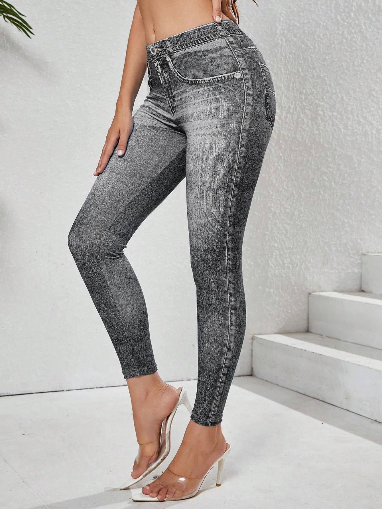 Damskie legginsy imitujące jeans z wysokim stanem - efekt denim Huise