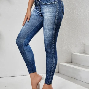 Damskie legginsy imitujące jeans z wysokim stanem - efekt denim Niuzailan