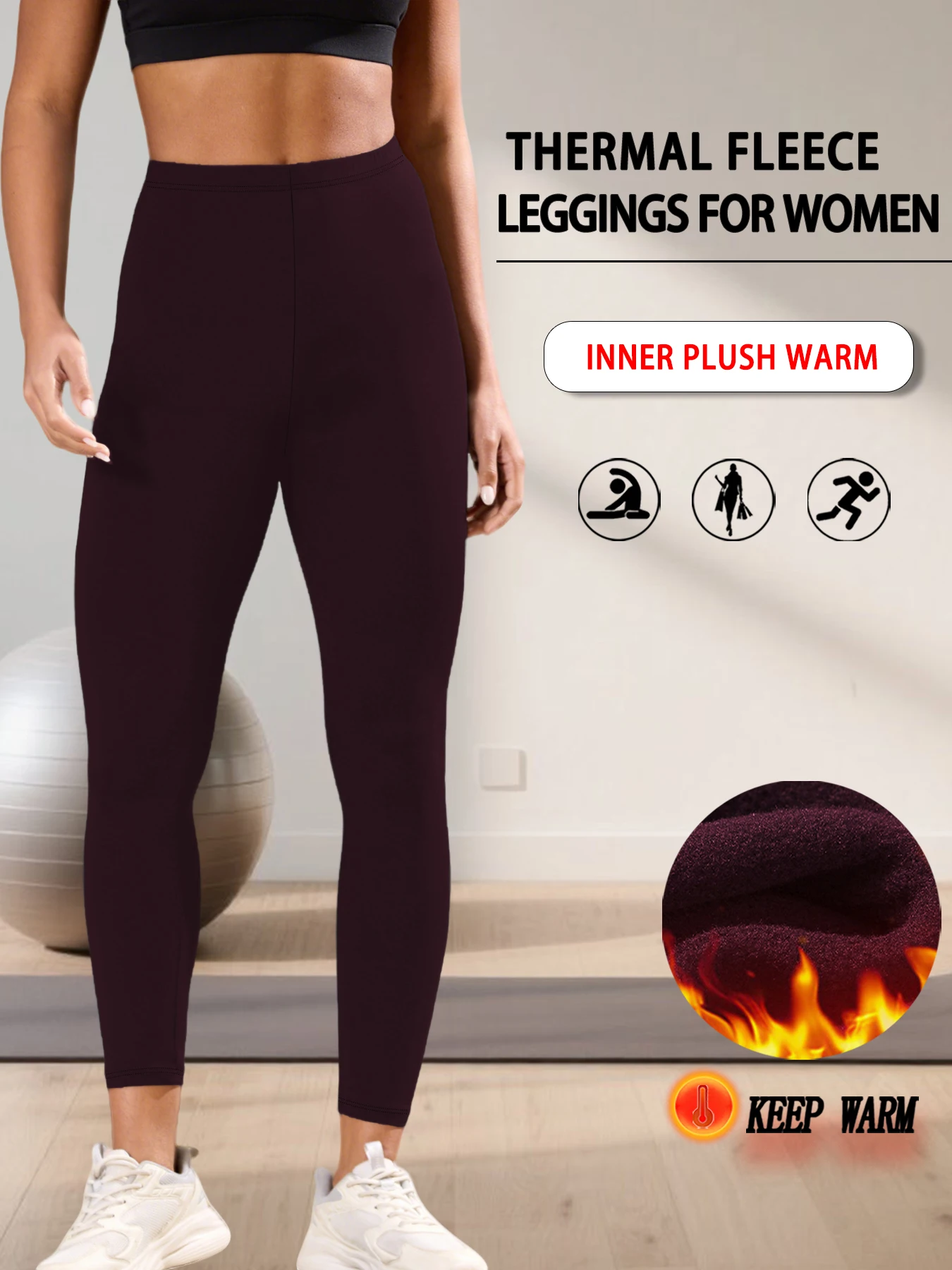 Damskie legginsy ocieplane polarem z wysokim stanem Burgundia