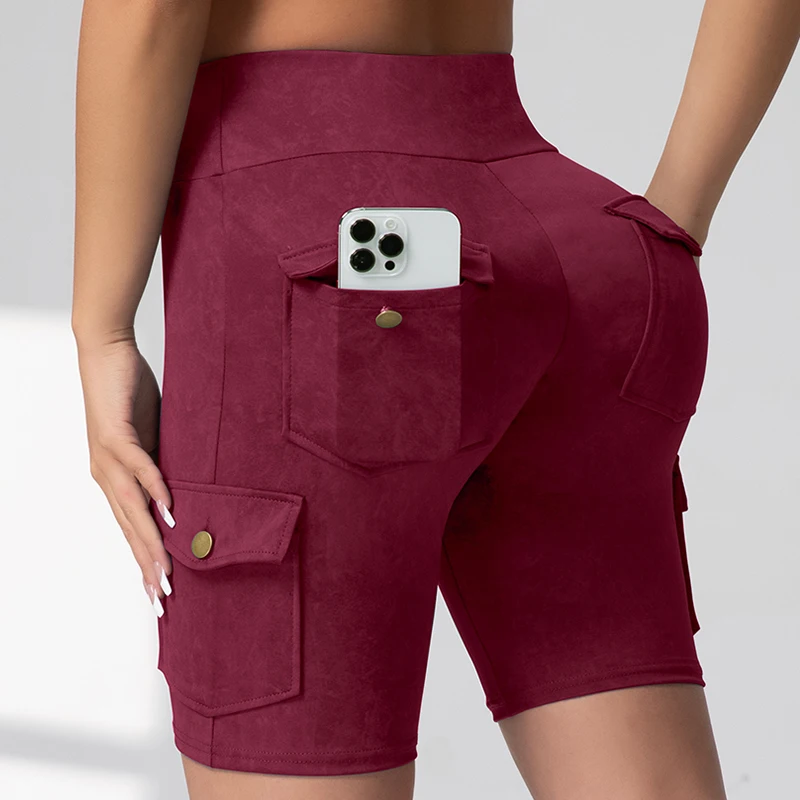 Damskie legginsy sportowe push-up z kieszeniami, elastyczne Czerwony