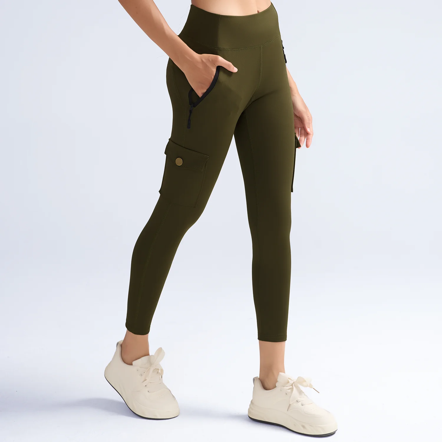 Damskie legginsy sportowe push-up z kieszeniami, elastyczne Armygreen