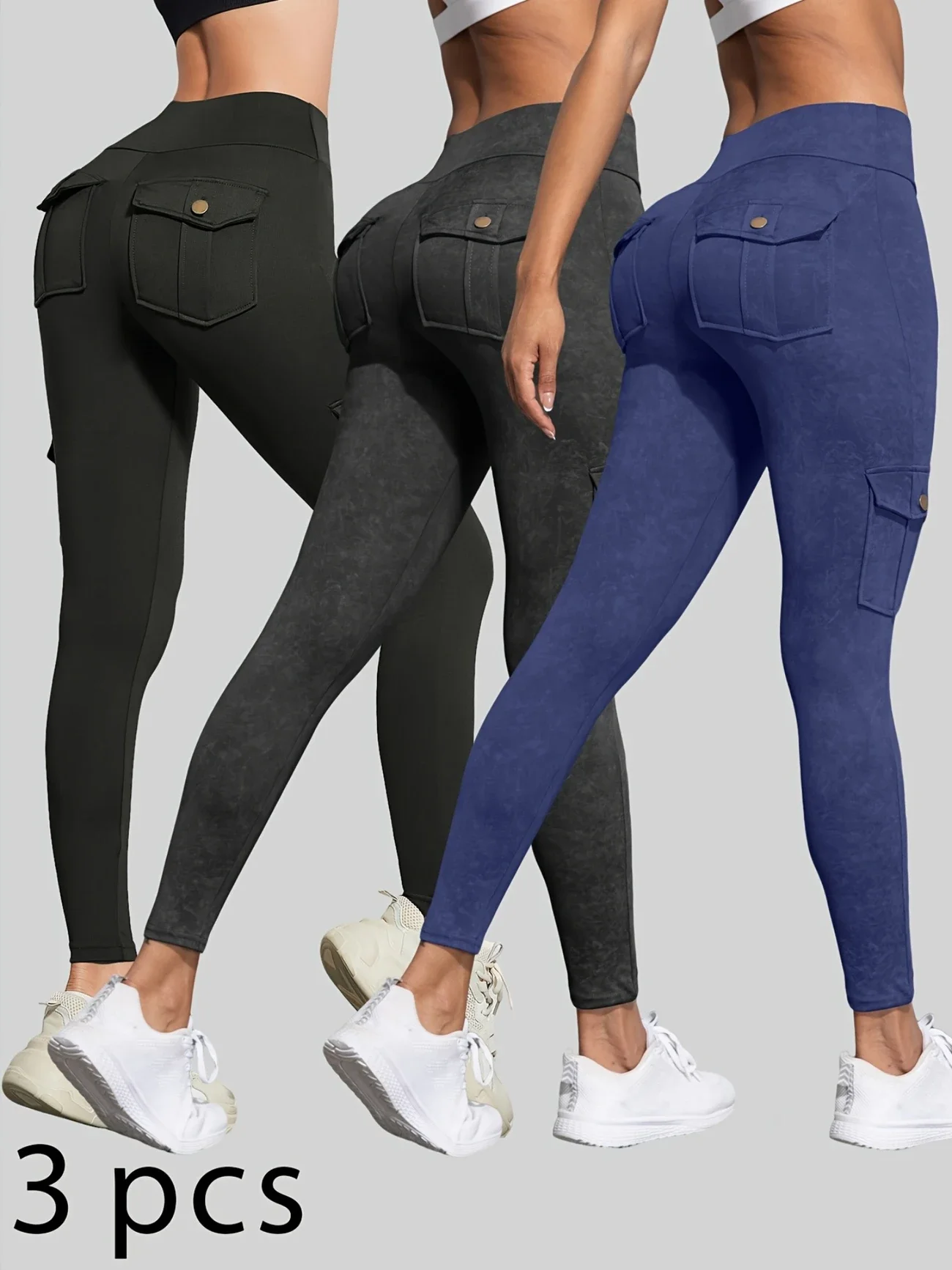 Damskie legginsy sportowe push-up z kieszeniami, elastyczne Combo3