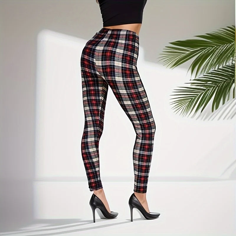 Damskie legginsy sportowe w kratę khaki Khaki