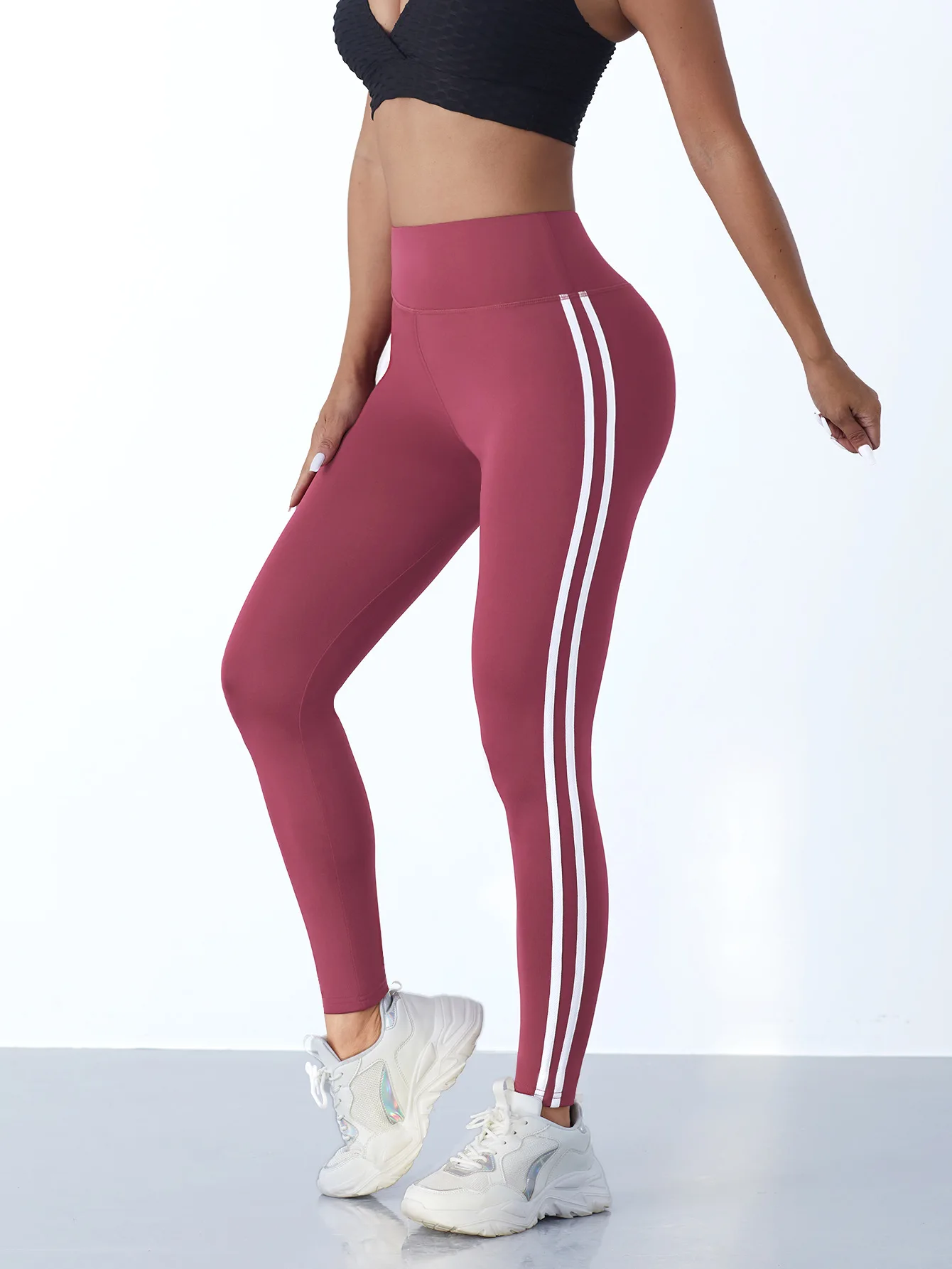 Damskie legginsy sportowe z lampasem, wysoki stan Red2