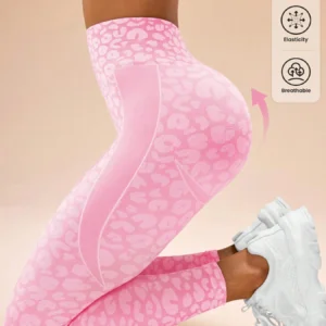Damskie legginsy sportowe z wysokim stanem, wzór panterka Różowy
