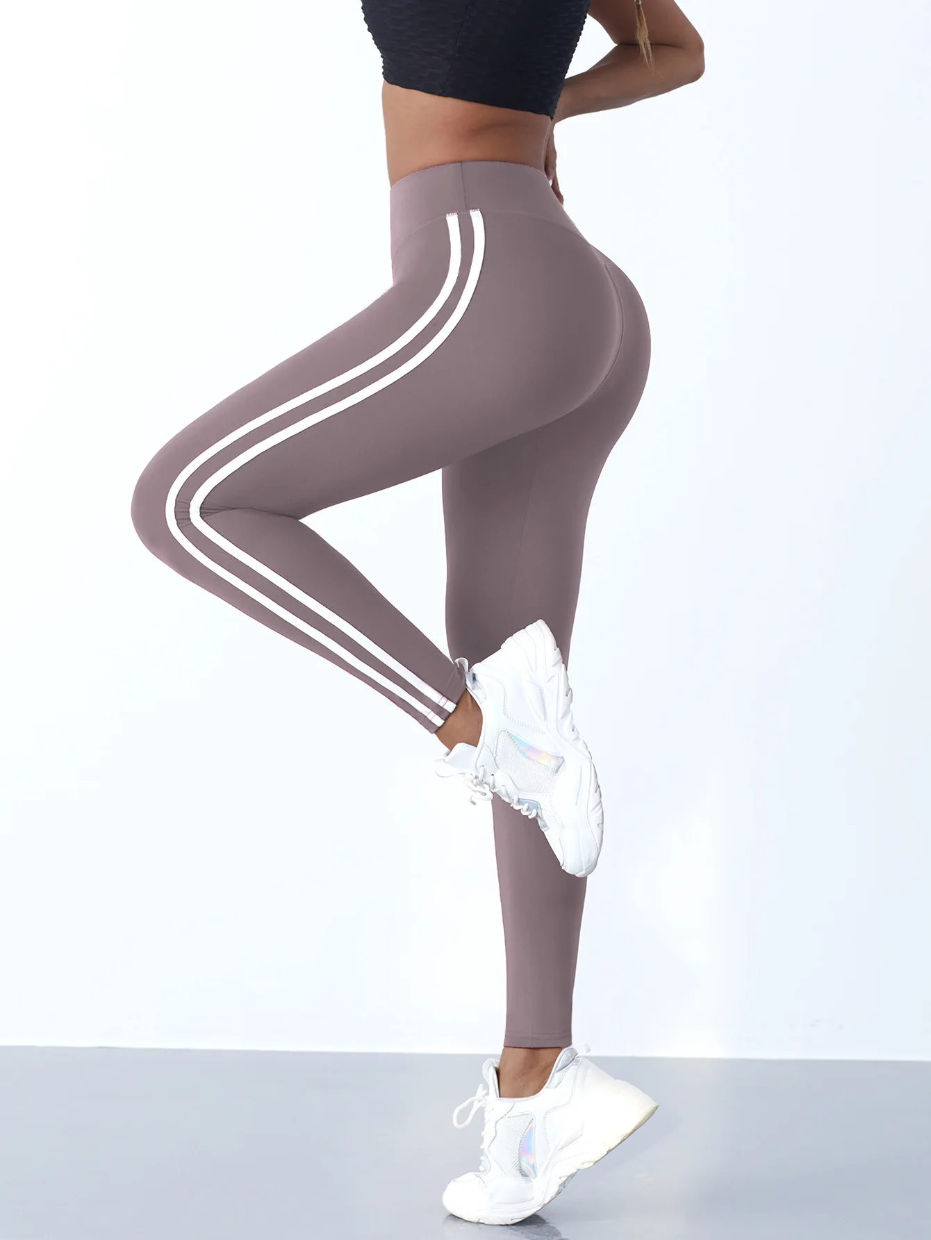 Damskie legginsy sportowe z lampasem, wysoki stan Purple1