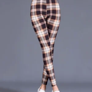Damskie legginsy w kratę w stylu Y2K, wysoki stan Brązowy