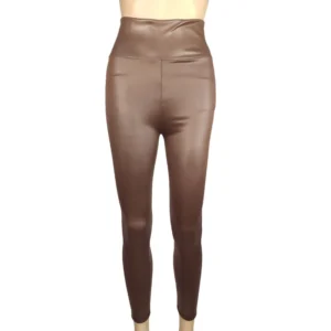 Damskie legginsy z wysokim stanem z efektem skóry Kawa