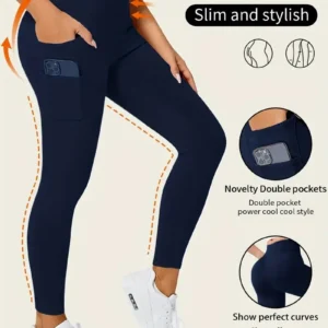Damskie legginsy z wysokim stanem i kieszeniami Ciemny niebieski