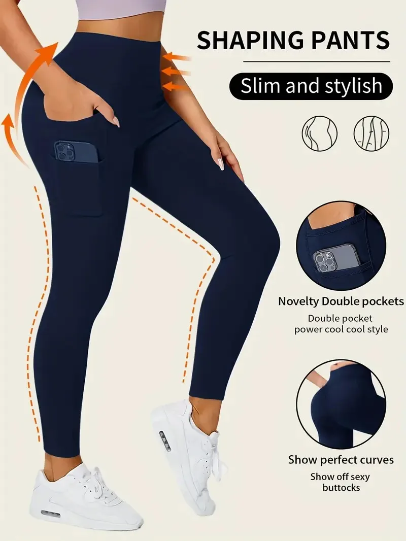 Damskie legginsy z wysokim stanem i kieszeniami Ciemny niebieski