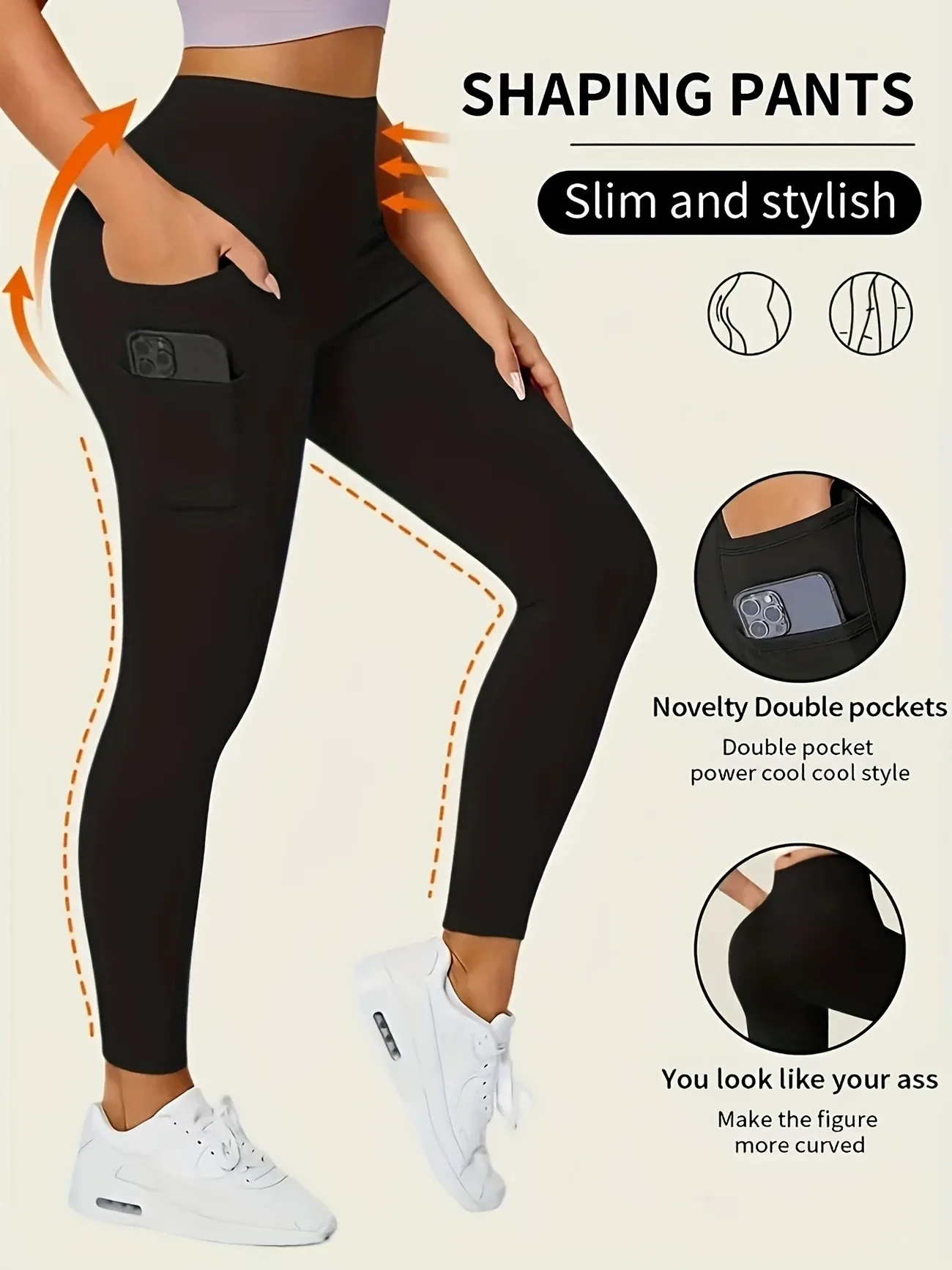Damskie legginsy z wysokim stanem i kieszeniami Czarny