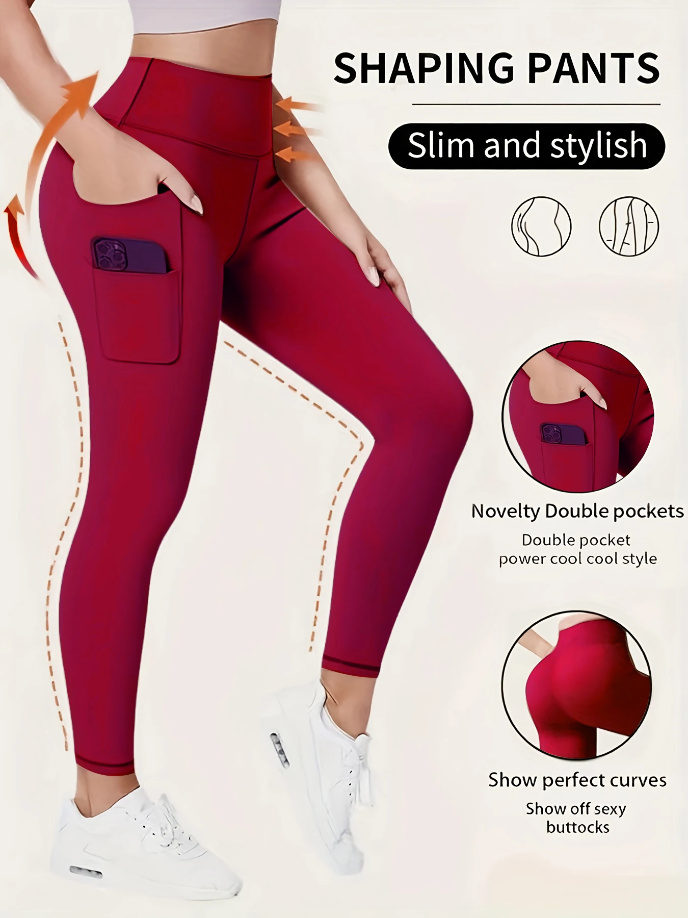 Damskie legginsy z wysokim stanem i kieszeniami Czerwony