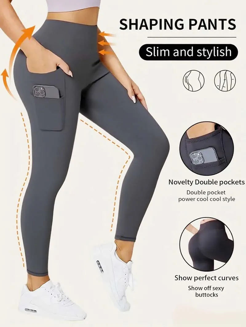 Damskie legginsy z wysokim stanem i kieszeniami Szary