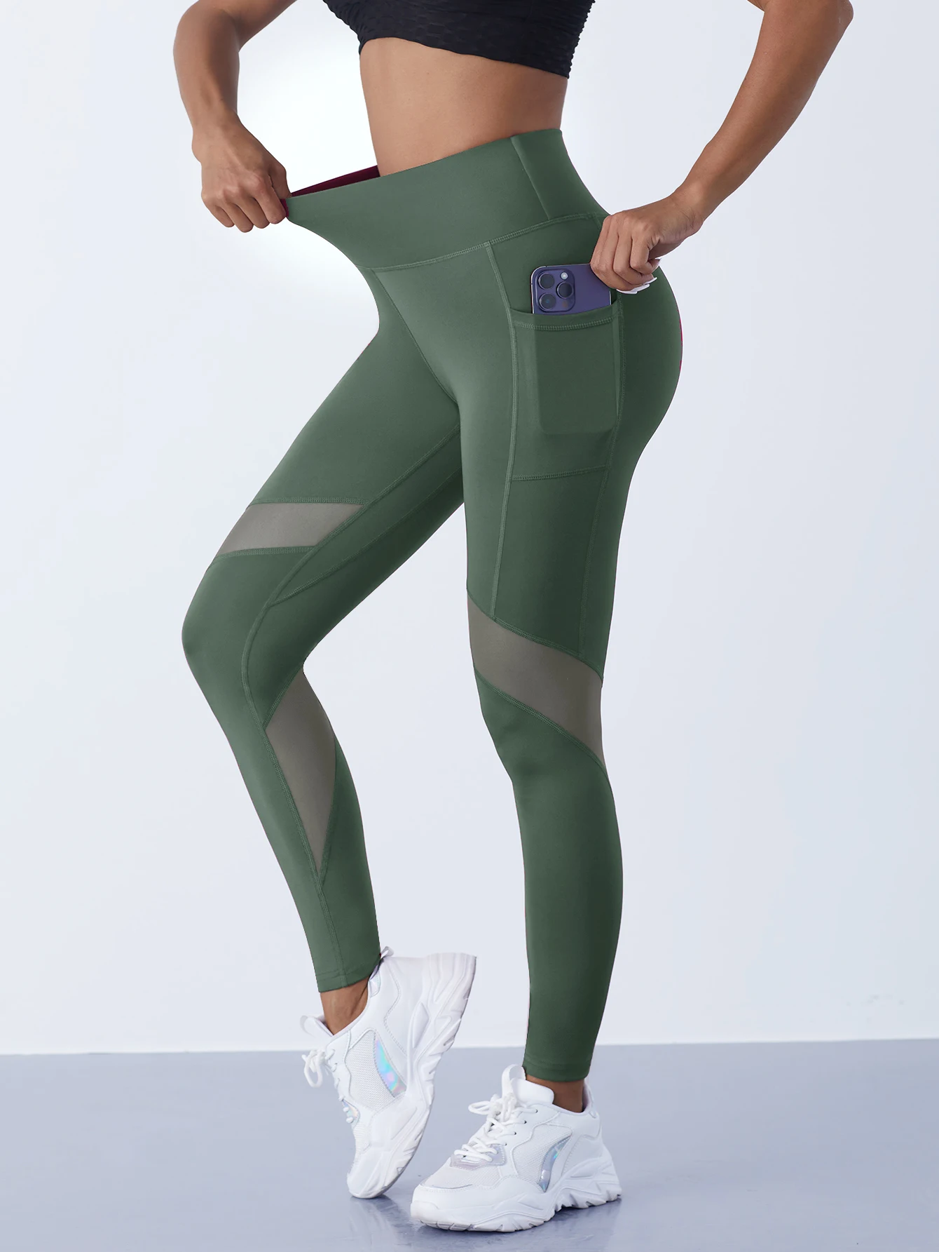 Damskie legginsy z siatki z wysokim stanem Armygreen