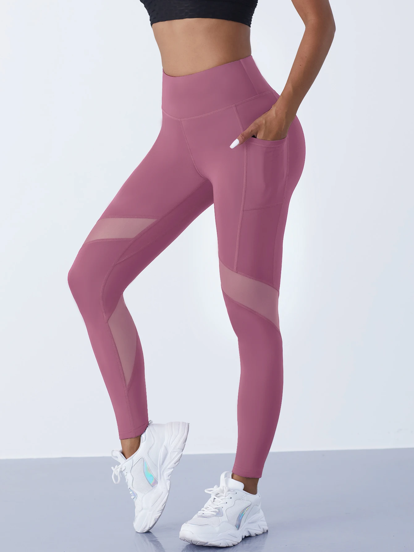 Damskie legginsy z siatki z wysokim stanem Bean paste