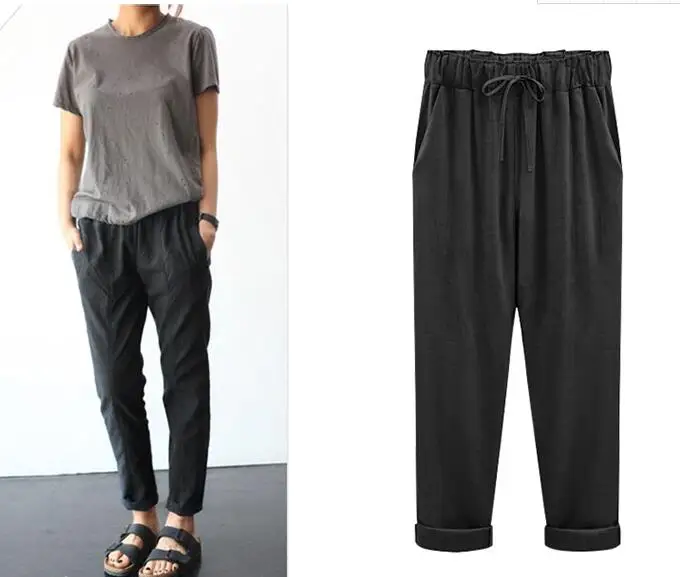 Damskie lniane spodnie z gumką w rozmiarach plus size Czarny
