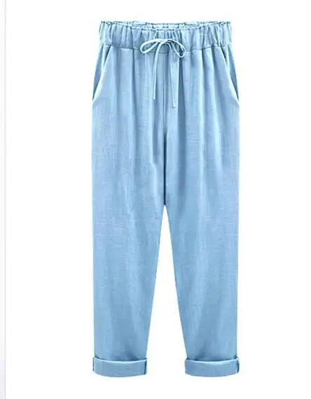 Damskie lniane spodnie z gumką w rozmiarach plus size Niebieski