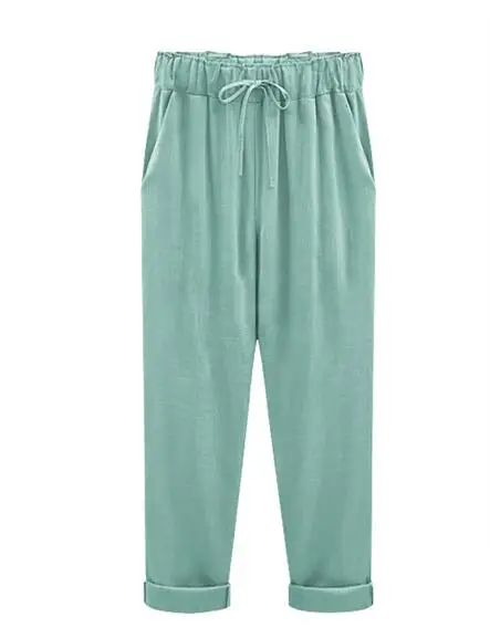 Damskie lniane spodnie z gumką w rozmiarach plus size Zielony
