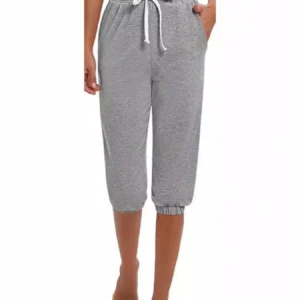 Damskie spodnie capri 7/8 z wysokim stanem i troczkiem Szary