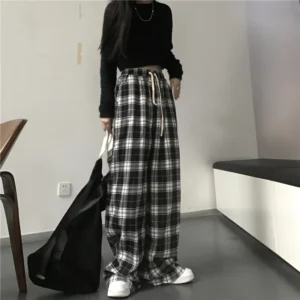 Damskie spodnie dresowe w kratę baggy z wysoką talią Czarny