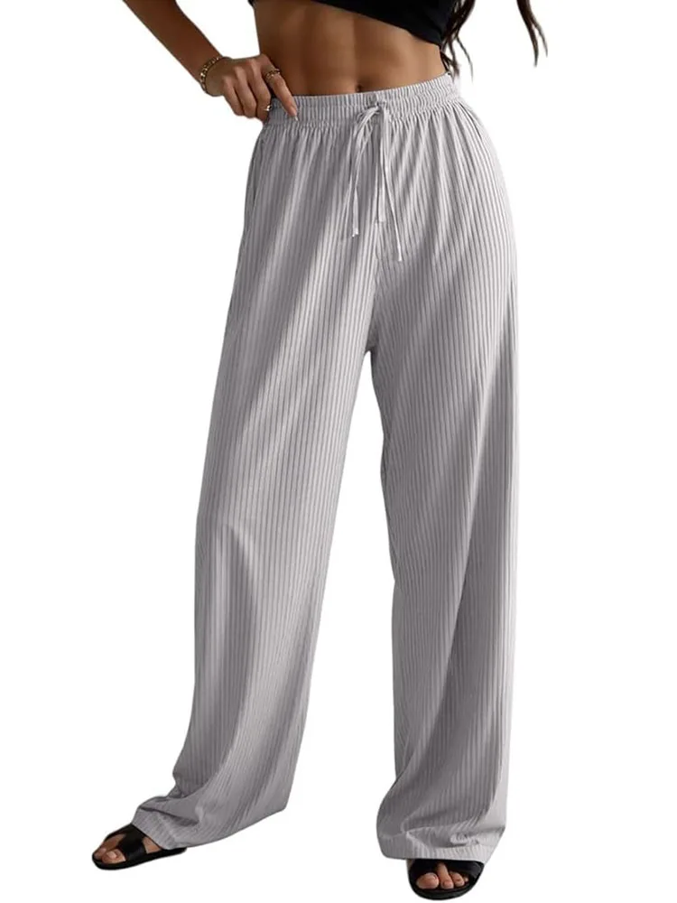 Damskie spodnie dżinsowe w kolorowe paski, szerokie nogawki E casual pants
