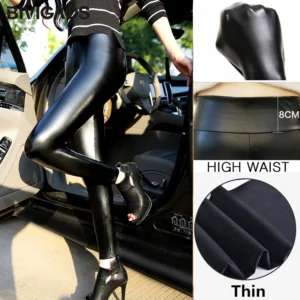 Damskie spodnie legginsy ze sztucznej skóry z wysokim stanem Thin pu leather