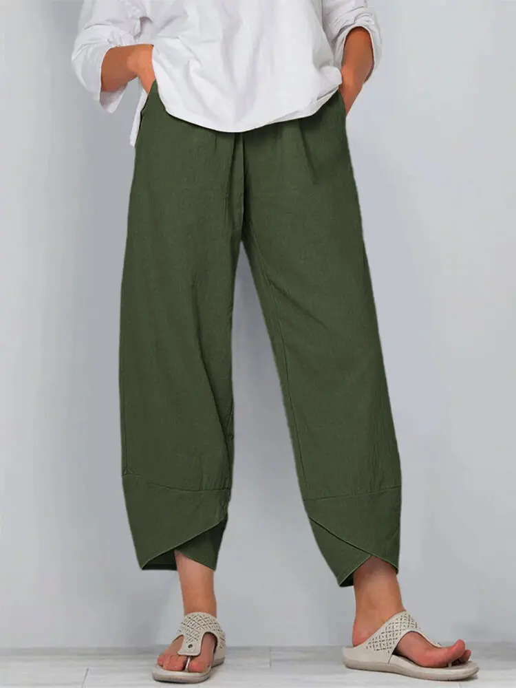 Damskie spodnie lniane z wysokim stanem i wzorem vintage Style 1