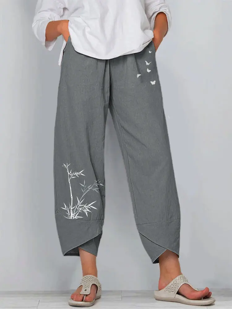 Damskie spodnie lniane z wysokim stanem i wzorem vintage Style 10