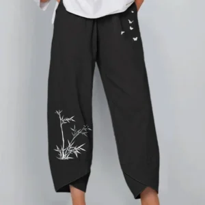 Damskie spodnie lniane z wysokim stanem i wzorem vintage Style 11