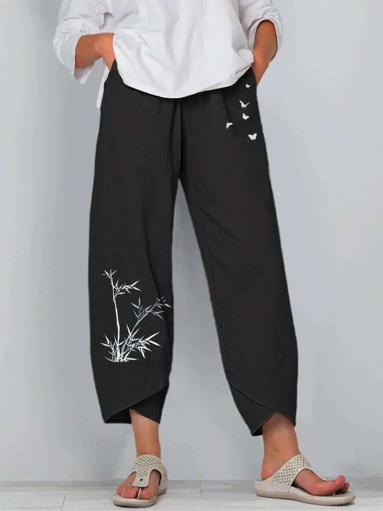 Damskie spodnie lniane z wysokim stanem i wzorem vintage Style 11