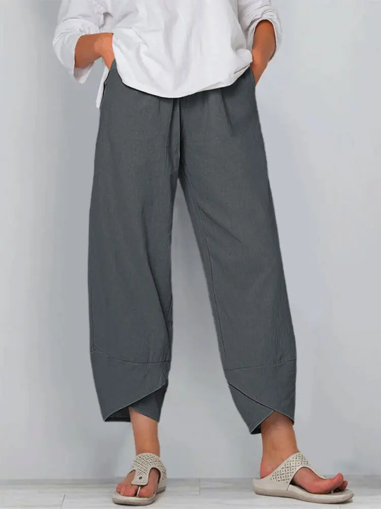 Damskie spodnie lniane z wysokim stanem i wzorem vintage Style 4