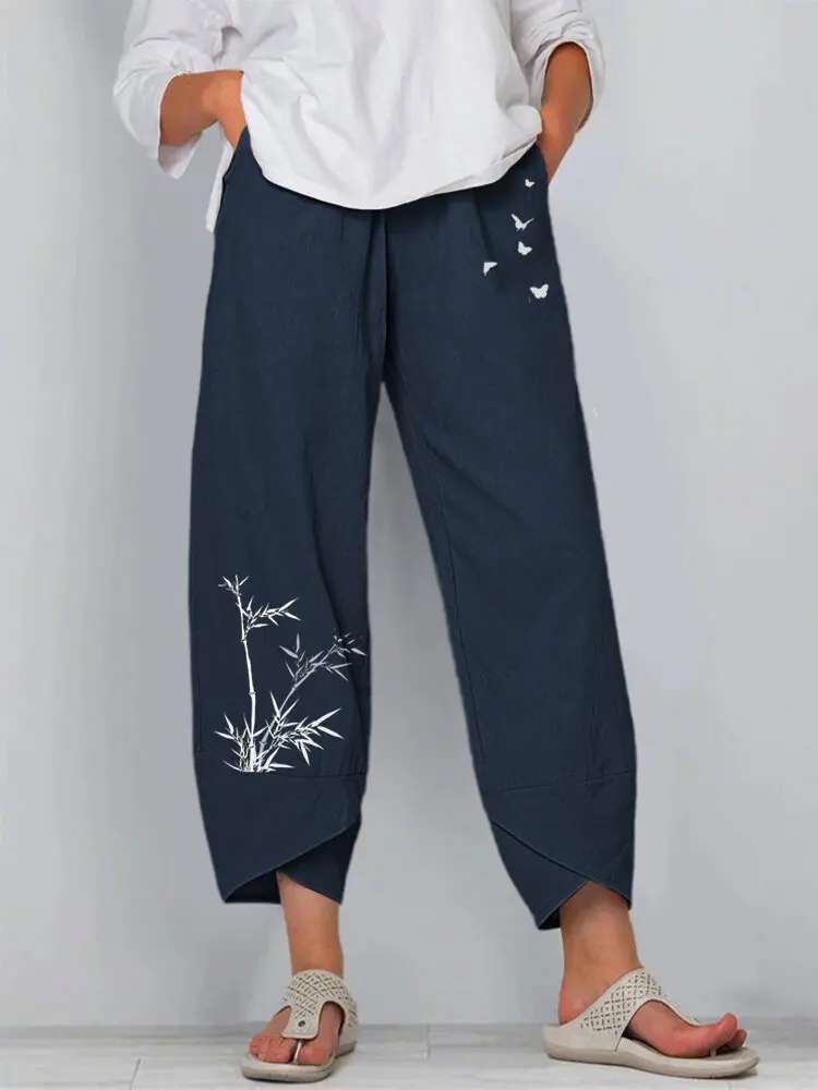 Damskie spodnie lniane z wysokim stanem i wzorem vintage Style 5
