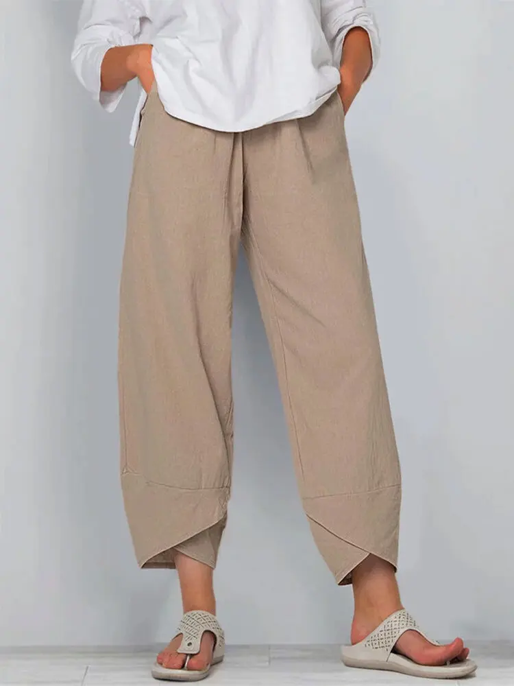 Damskie spodnie lniane z wysokim stanem i wzorem vintage Style 6