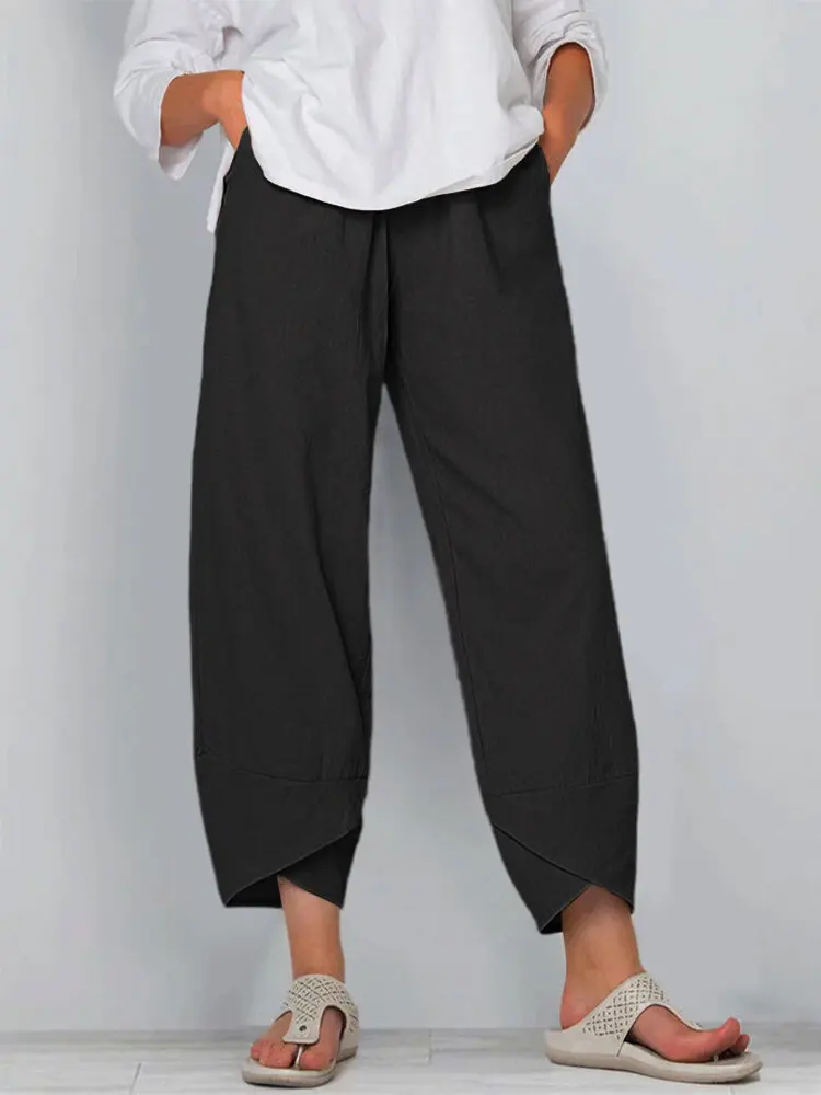 Damskie spodnie lniane z wysokim stanem i wzorem vintage Style 7