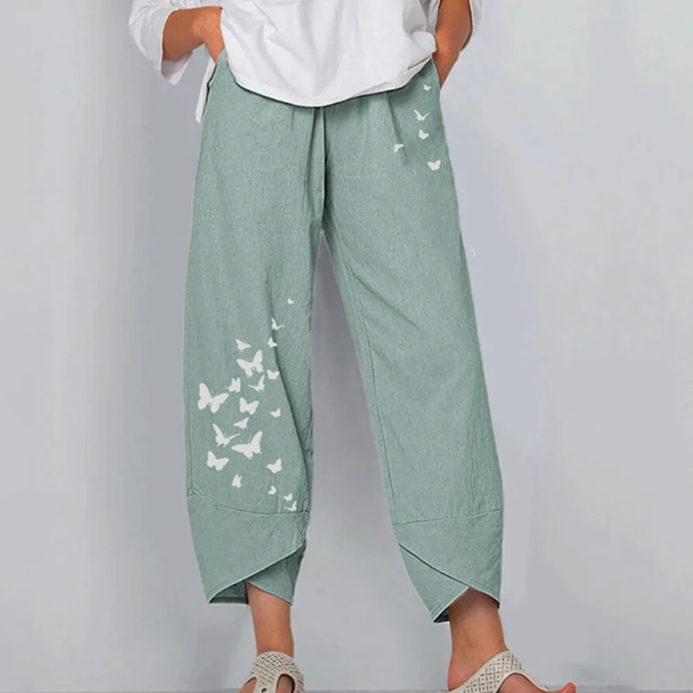 Damskie spodnie lniane z wysokim stanem i wzorem vintage Style 9