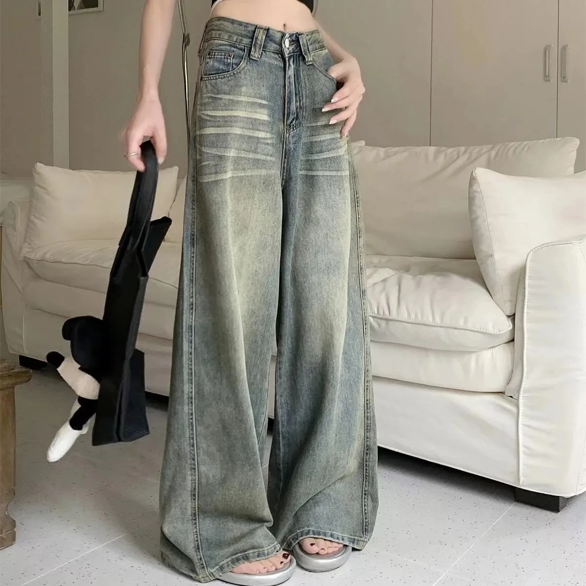 Damskie szerokie jeansy z wysokim stanem Y2K Xt klsgnz 526
