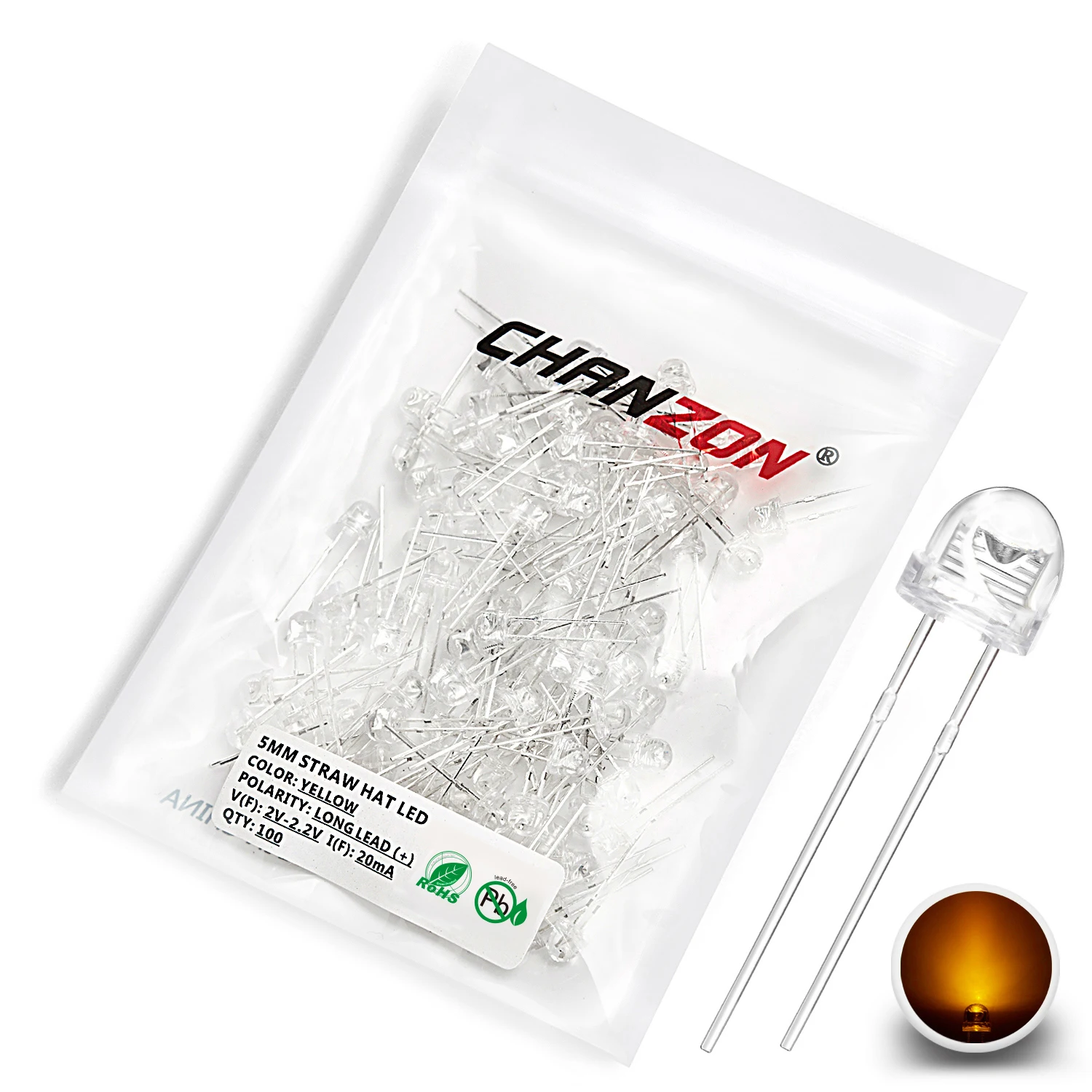 Diody LED 5 mm słomkowe - zestaw 100 sztuk w wielu kolorach i z efektem mrugania Żółty