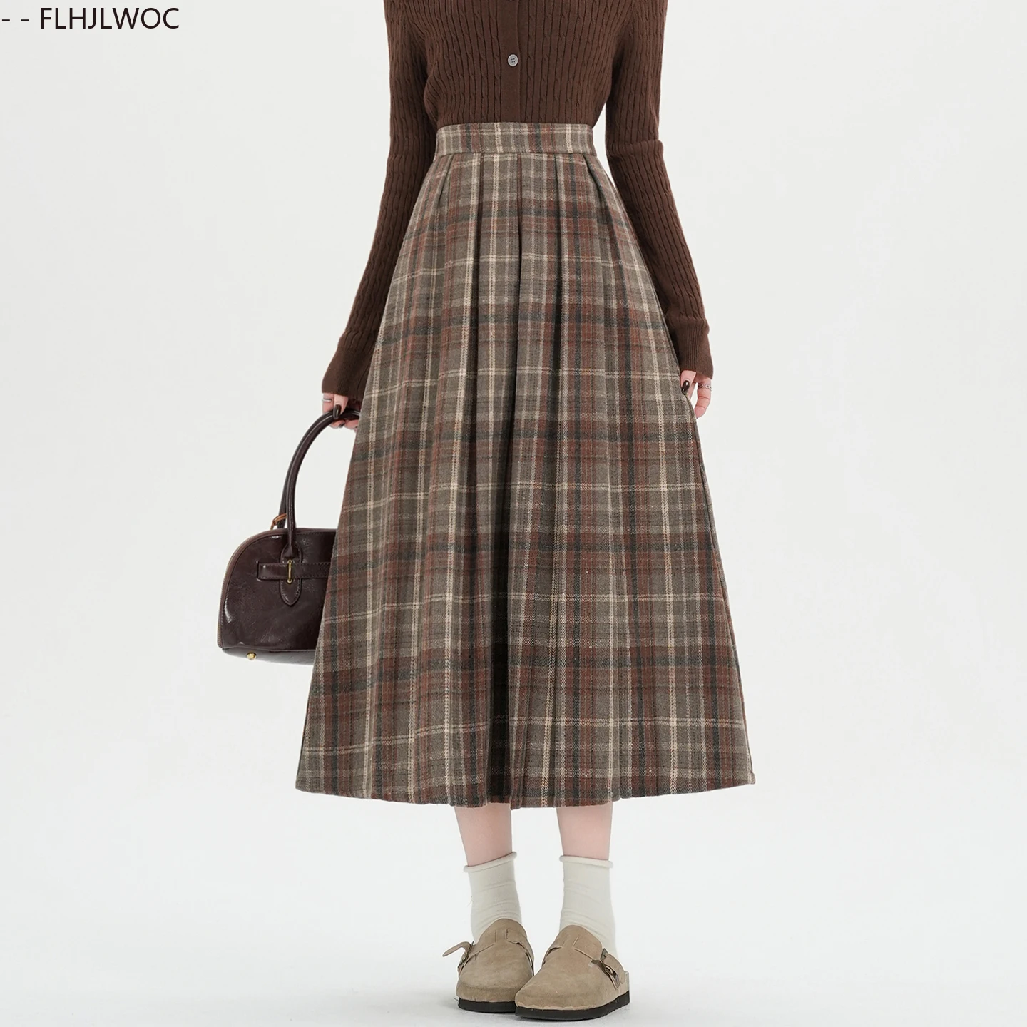 Długa spódnica wełniana w kratę styl preppy retro Kawa