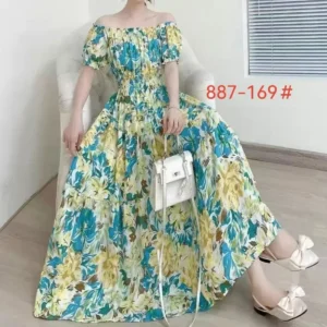 Długa sukienka maxi boho w kwiaty – wakacyjna sukienka w stylu koreańskim Khaki