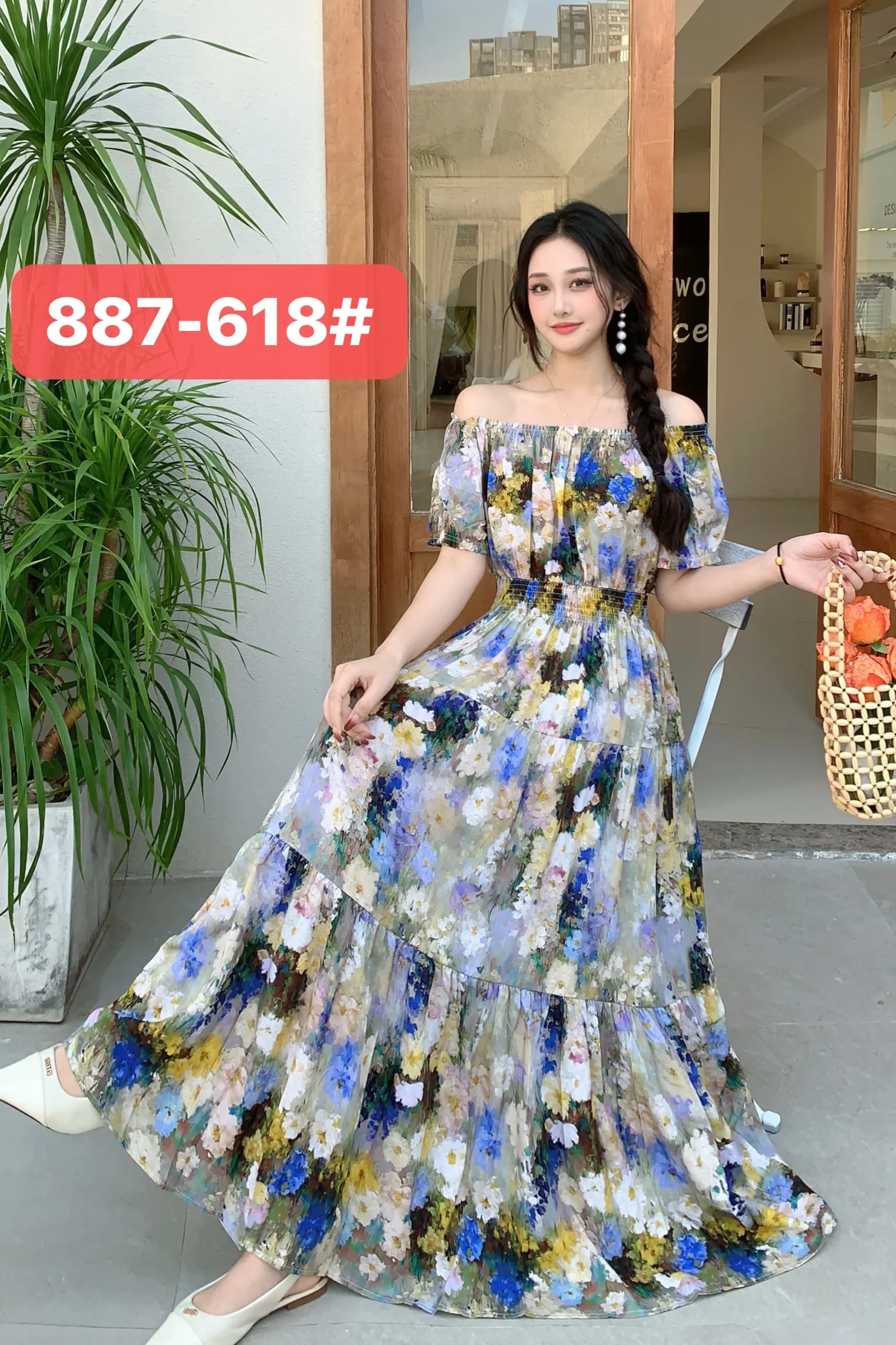 Długa sukienka maxi boho w kwiaty – wakacyjna sukienka w stylu koreańskim Błękitny