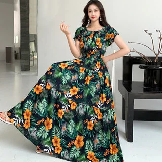 Długa sukienka maxi boho w kwiaty – wakacyjna sukienka w stylu koreańskim Brązowy